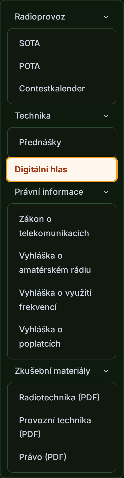 Položka Digitální hlas v hlavním menu oeradio.at pod Amatérské rádio