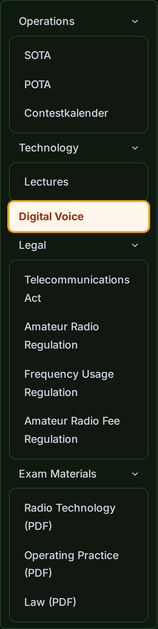 Digital Voice menu item in the oeradio.at main menu under Amateur Radio