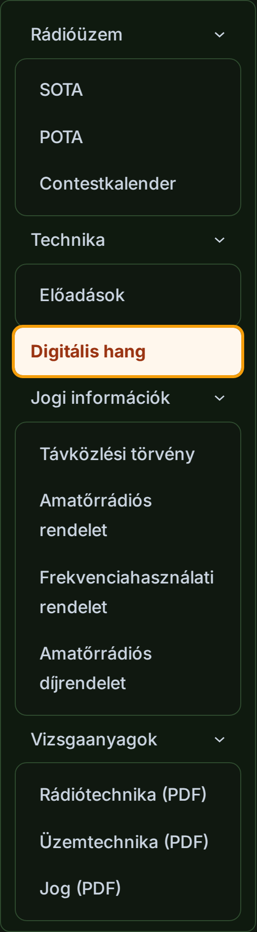 Digitális hang menüpont az oeradio.at főmenüjében az Amatőrrádió alatt
