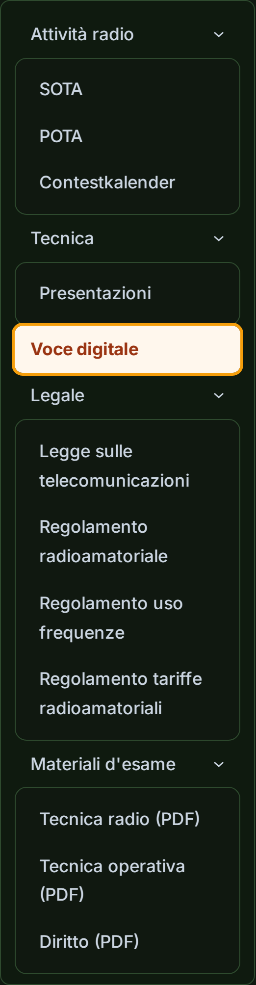 Voce di menu Voce digitale nel menu principale di oeradio.at sotto Radioamatori