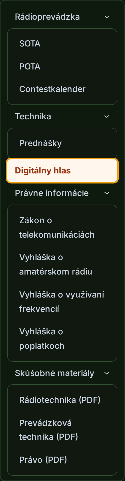 Položka Digitálny hlas v hlavnom menu oeradio.at pod Amatérske rádio