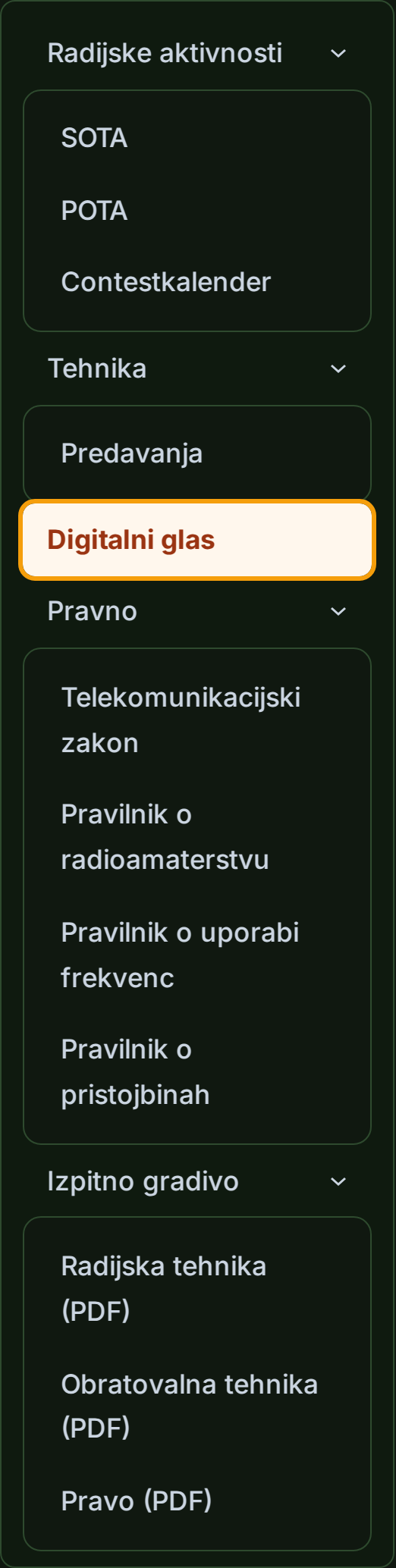 Postavka Digitalni glas v glavnem meniju oeradio.at pod Amatersko radijstvo