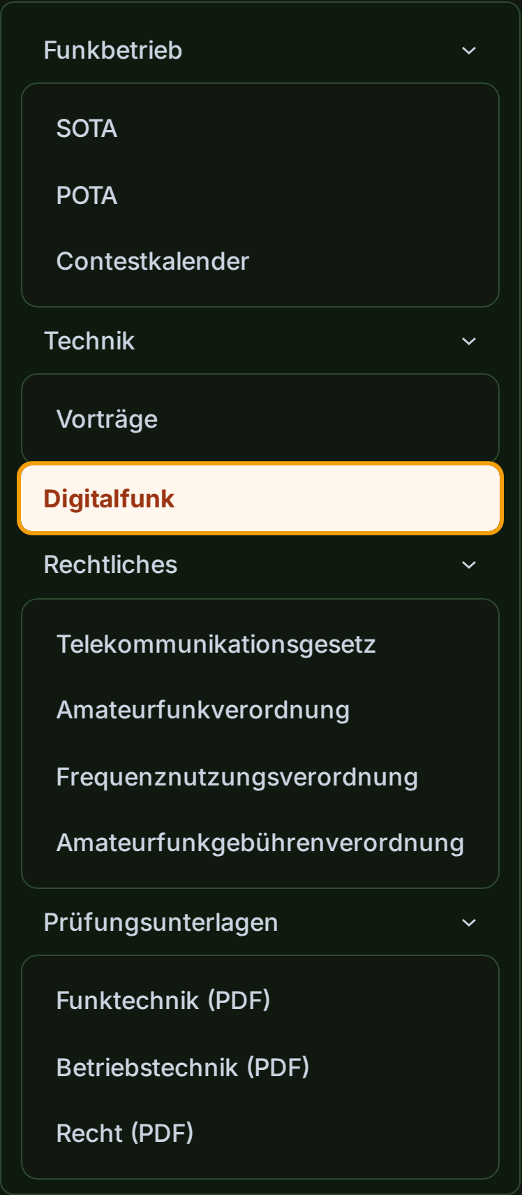Menüpunkt Digitalfunk im Hauptmenü von oeradio.at unter Amateurfunk