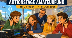 Comic: Schülerinnen und Schüler der HTL Villach mit Handfunkgeräten und Funkstation beim Amateurfunk-Aktionstag