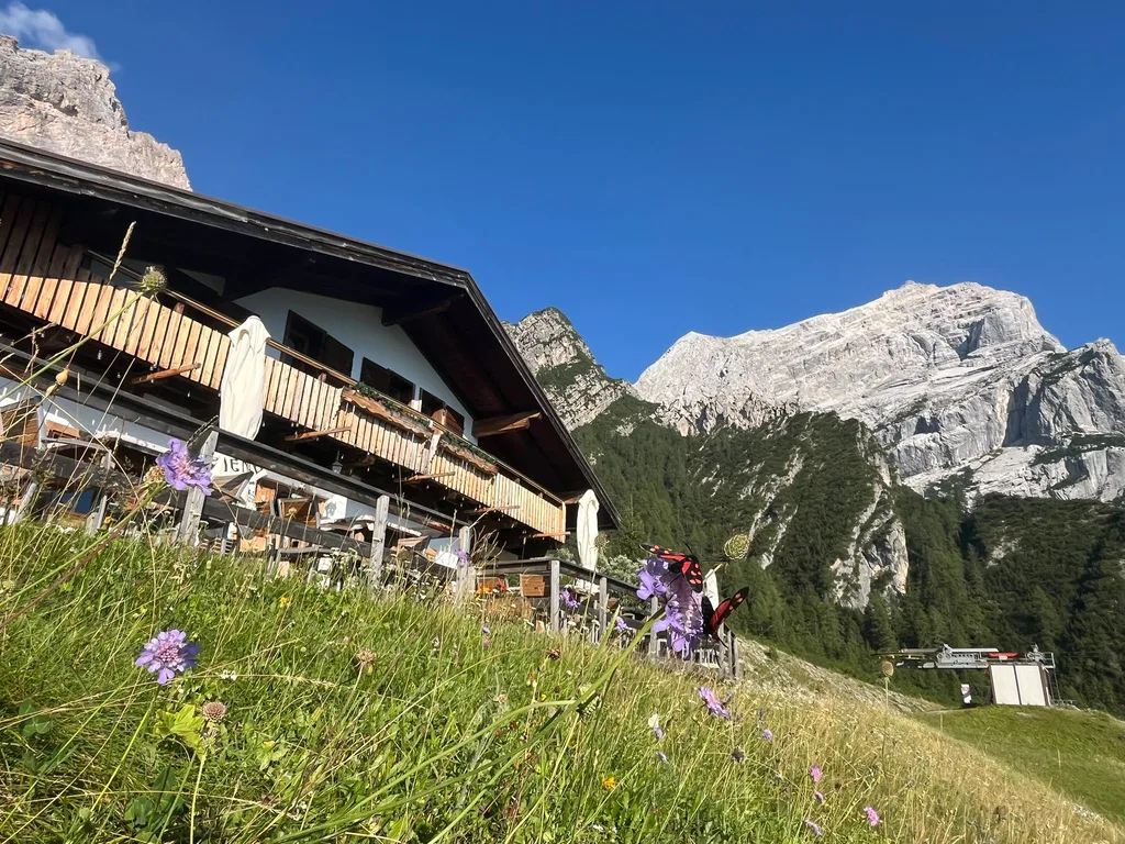 Rifugio Scotter Palatini mit Blumenwiese und Dolomitengipfel