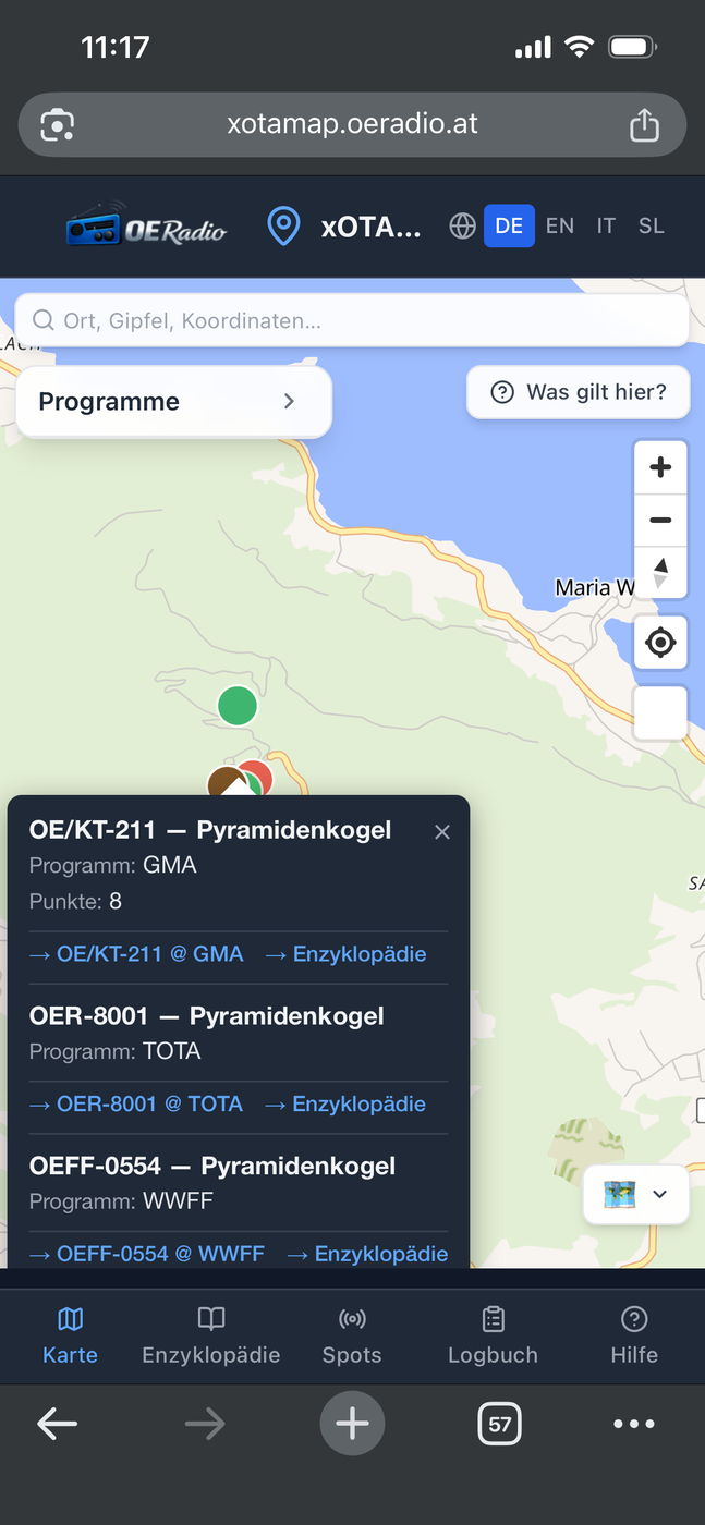 Screenshot of the xOTA map with the three programs at the Pyramidenkogel