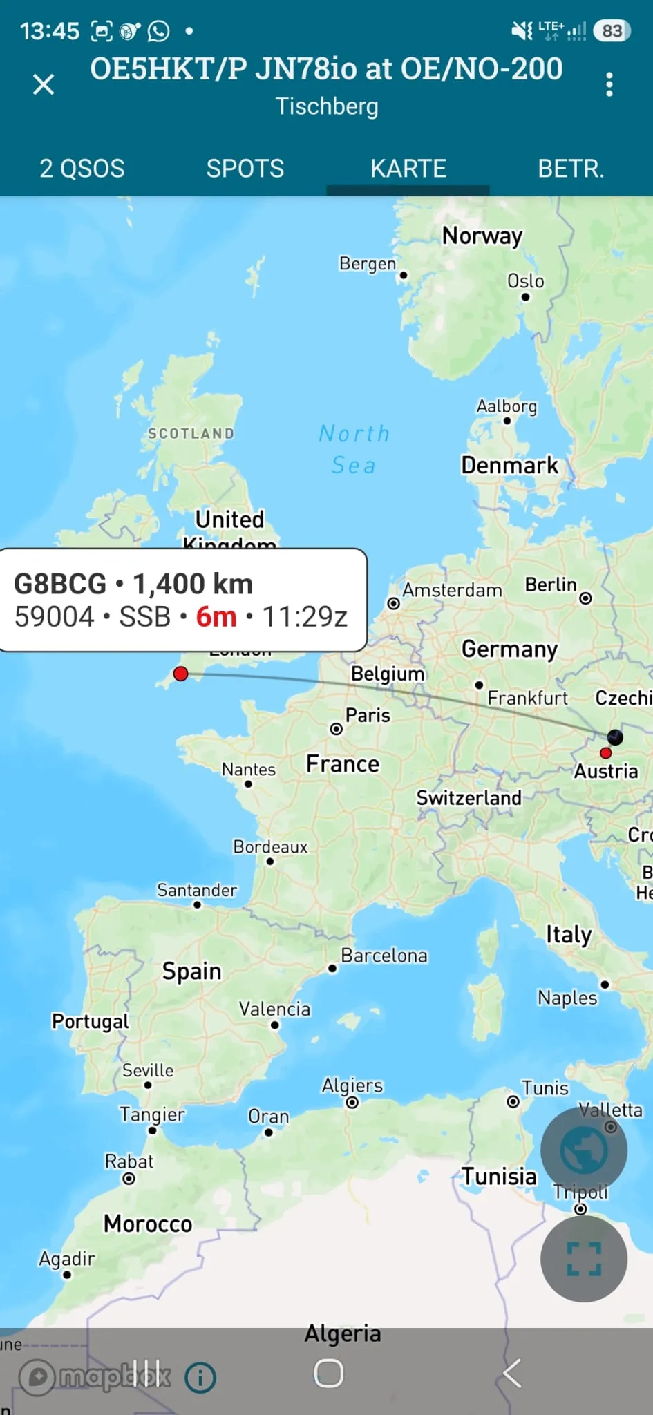 L'app SOTA mostra il collegamento tra OE5HKT/P e G8BCG su oltre 1400 chilometri in 6 m