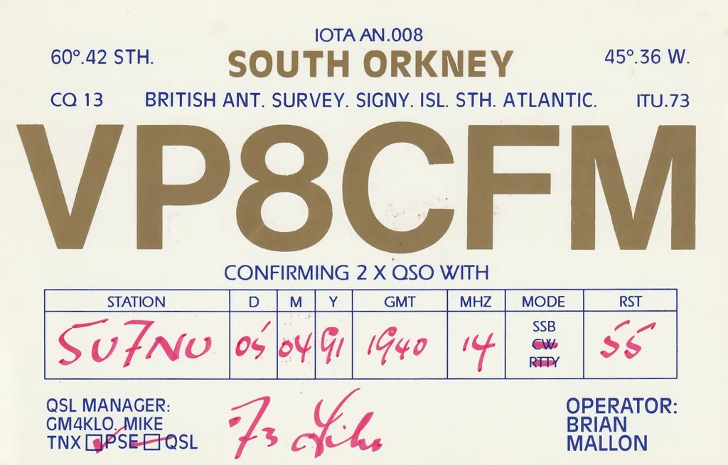 QSL-kartica VP8CFM, South Orkney, z natisnjeno referenco IOTA AN.008