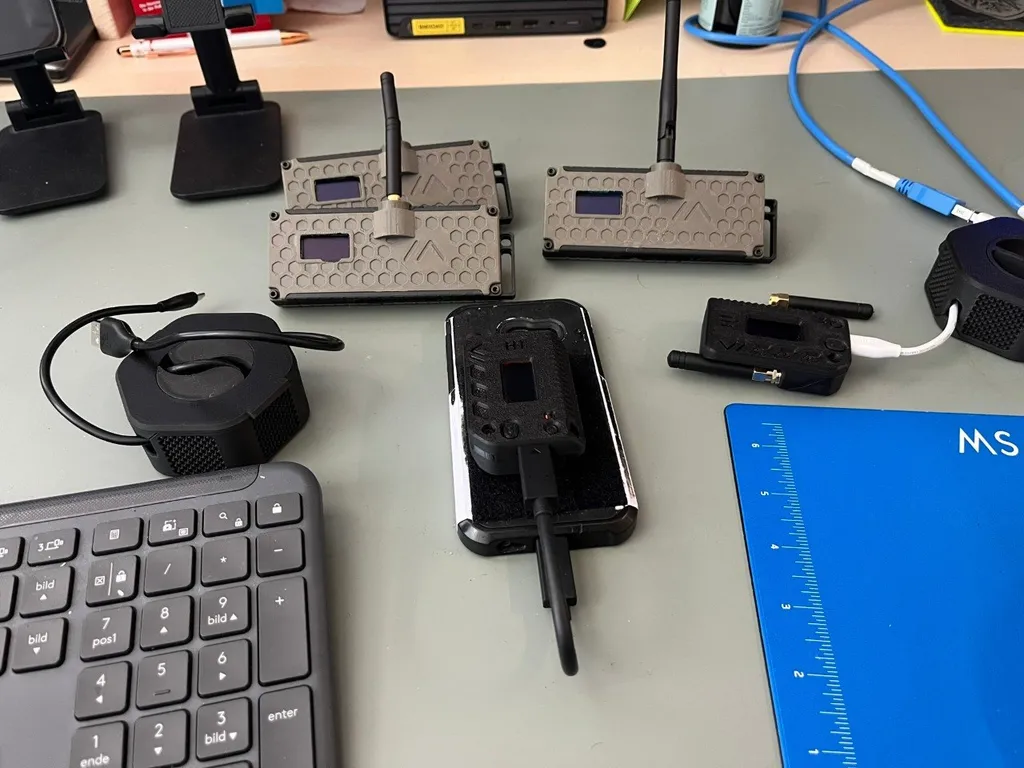 Mehrere LoRa-Nodes in gedruckten Gehäusen mit Displays und Antennen auf einem Schreibtisch beim Umflashen