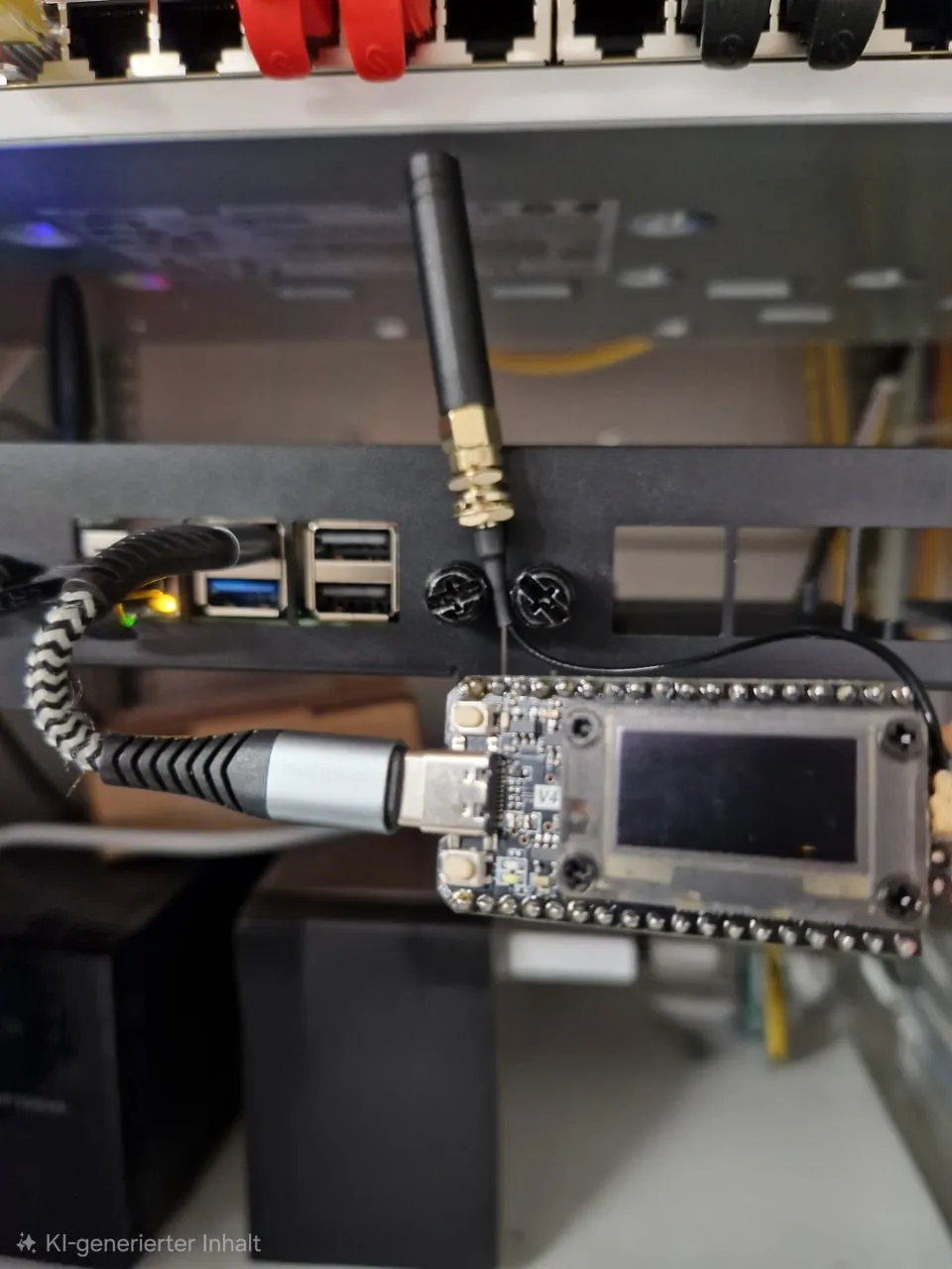 Heltec-V4-Board mit Display und Antenne, per USB-Kabel an einen Raspberry Pi im Serverrack angeschlossen
