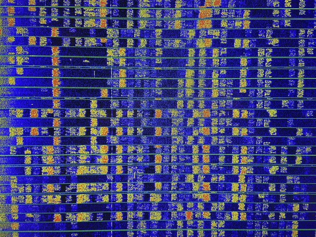 Wasserfalldiagramm der Software WSJT-X mit mehreren decodierten Signalen