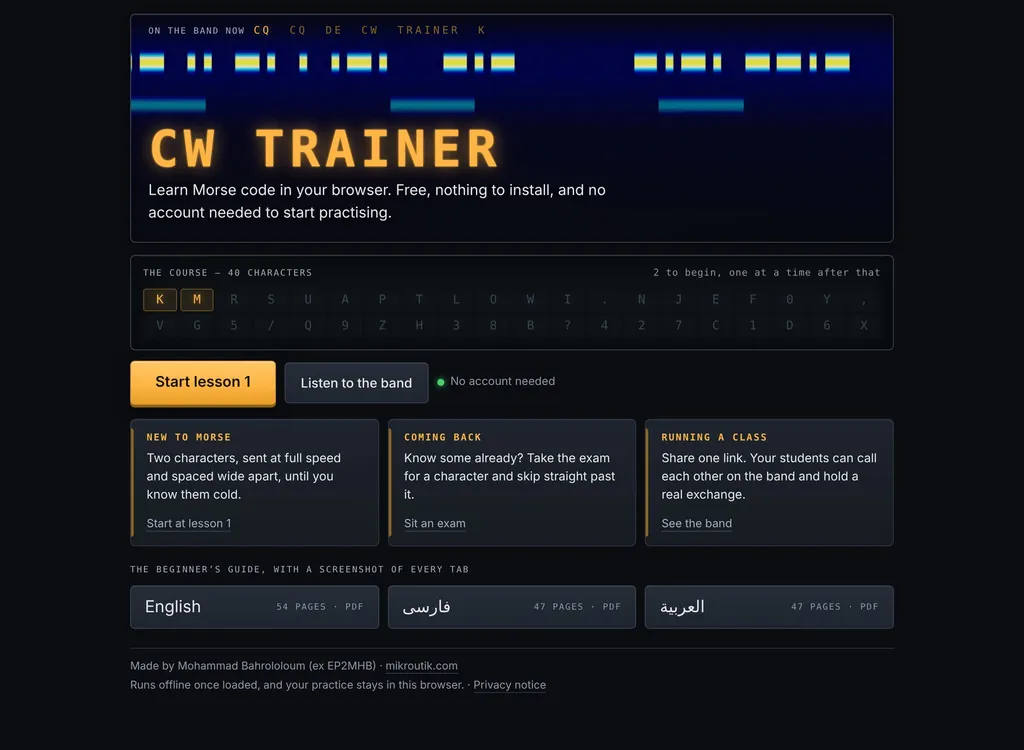 Začetni zaslon CW Trainerja s 40-znakovnim Kochovim vrstnim redom in priročnikom v treh pisnih sistemih