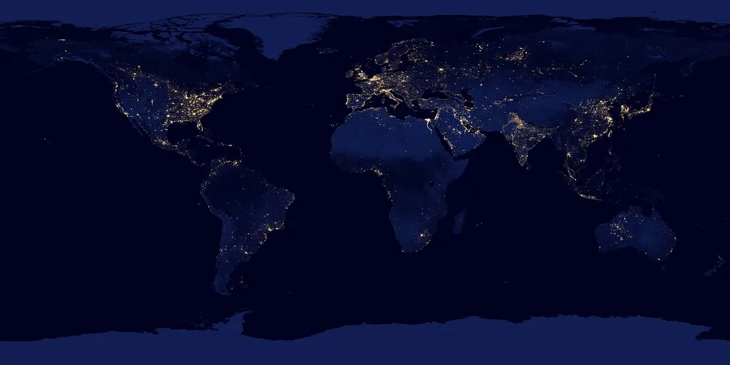 The Earth at night as a flat map, satellite composite