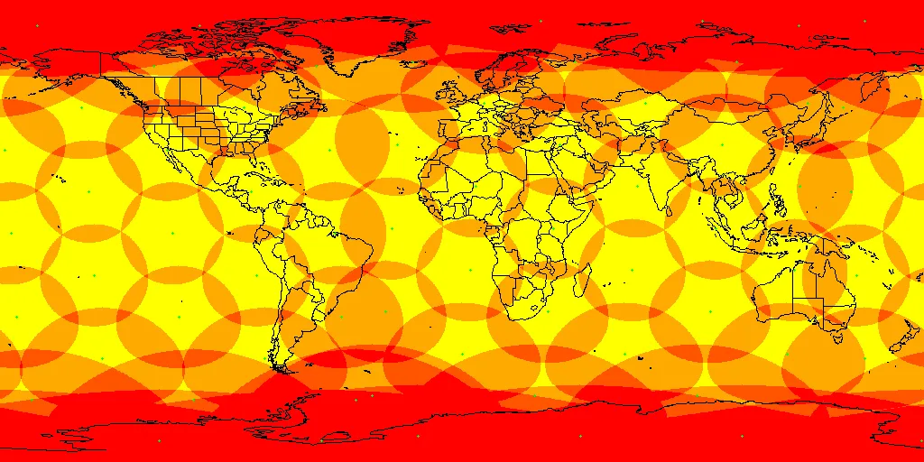Weltkarte mit den sich überlappenden Funkzellen der Iridium-Konstellation, an den Polen besonders dichte Überlappung